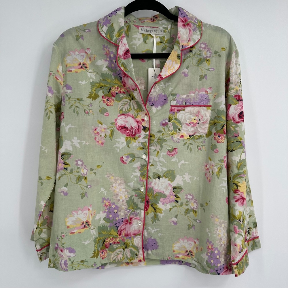 Mahogany Bridgette Green Floral Button Down Nightshirt Pajama Top Small NWT